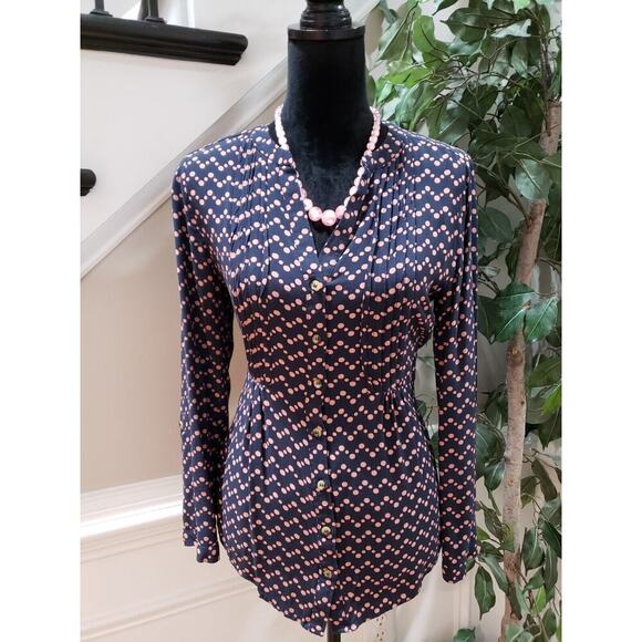 Anthropologie Maeve Navy Pink Polka Dot Long Sleeve Button Down V-Neck Blouse M - Picture 11 of 12